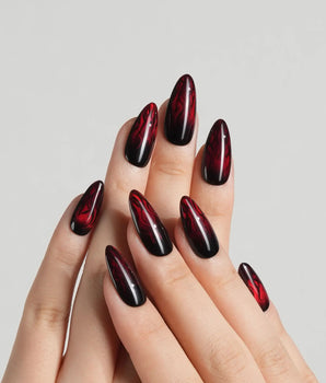 Burn press-on nail set — Dark Red Cat Eye, Flowing Flame Texture. design, hand-painted with real gel polish