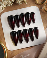 Burn press-on nails — Dark Red Cat Eye, Flowing Flame Texture. handmade nail art by Joyee Nails