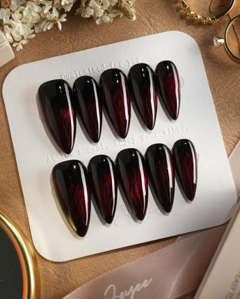 Burn press-on nails — Dark Red Cat Eye, Flowing Flame Texture. handmade nail art by Joyee Nails