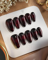 Burn press-on nails — Dark Red Cat Eye, Flowing Flame Texture. handmade nail art by Joyee Nails