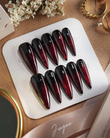 Burn press-on nails — Dark Red Cat Eye, Flowing Flame Texture. handmade nail art by Joyee Nails