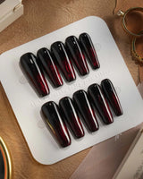 Burn press-on nails — Dark Red Cat Eye, Flowing Flame Texture. handmade nail art by Joyee Nails