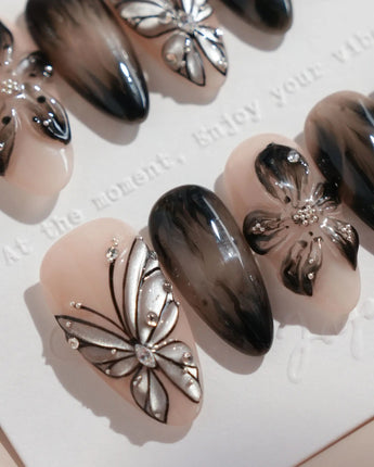 Butterfly Effect press-on nails — Neutral Nude & Black,