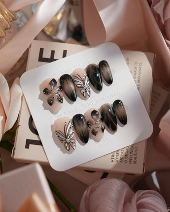 Butterfly Effect press-on nails — Neutral Nude & Black,