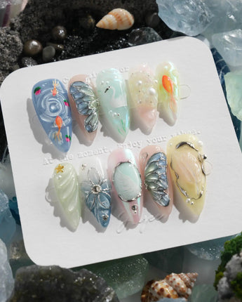 Como Blue press-on nail set — Pearly Pastels, 3D Butterfly & Goldfish. design, hand-painted with real gel polish