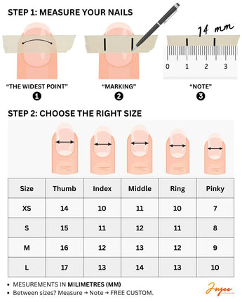 Joyee Nails press-on nail size chart — how to measure your nail size