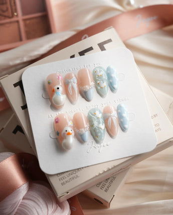 Call Duck Tutu medium almond press-on nails with 3D ducks and white bow accents