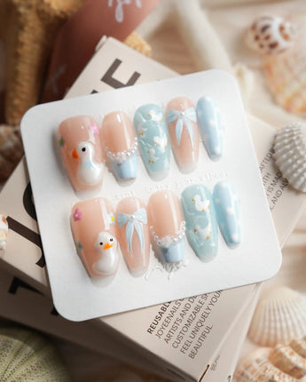 Call Duck Tutu medium coffin press-on nails with ducklings, bows and flowers
