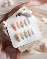 Call Duck Tutu press-on nail set with tiny duck charms, bows and pearl strings