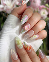 CallaLily-Dewy Vibe handmade press-on nails featuring Fresh Macarons, 3D Calla Lilies & Aurora Shell Textures.