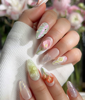 CallaLily-Dewy Vibe handmade press-on nails featuring Fresh Macarons, 3D Calla Lilies & Aurora Shell Textures.