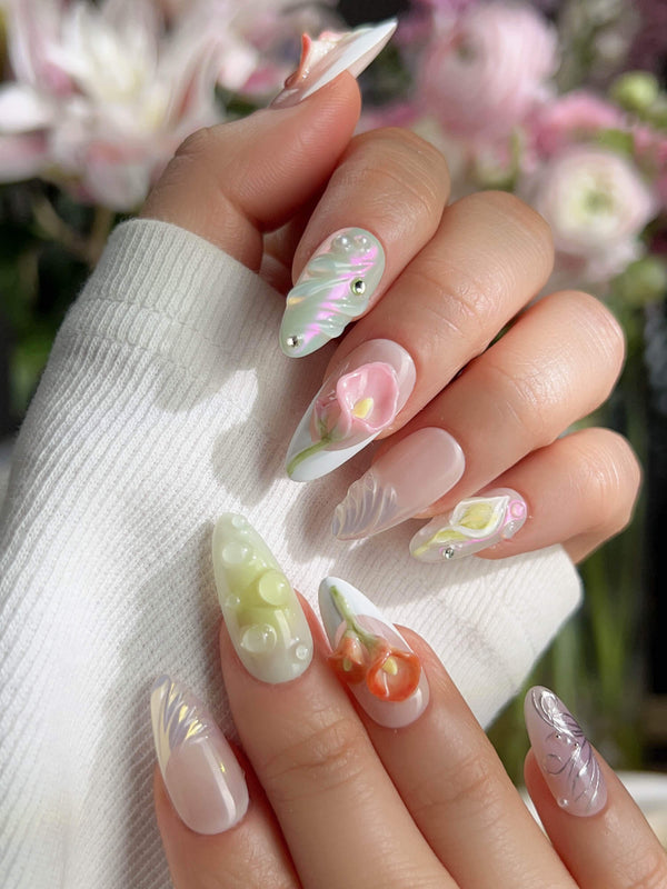 CallaLily-Dewy Vibe handmade press-on nails featuring Fresh Macarons, 3D Calla Lilies & Aurora Shell Textures.