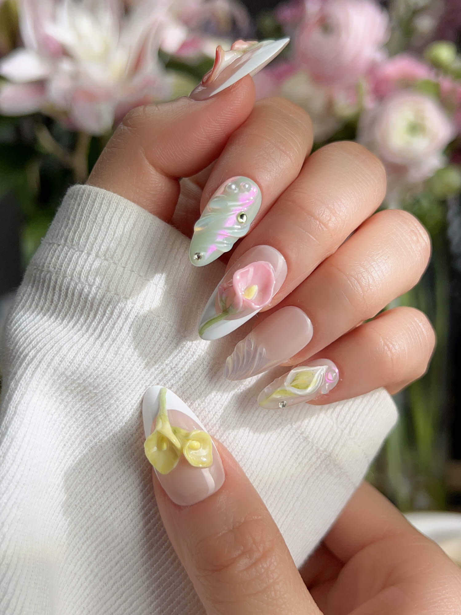 lily flower nails 3D Calla Lily Press On Nails | Handmade Sculpted Jelly Floral Short Almond
