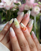 CallaLily-Dewy Vibe nail art close-up showing Fresh Macarons, 3D Calla Lilies & Aurora Shell Textures. details