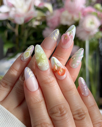 CallaLily-Dewy Vibe nail art close-up showing Fresh Macarons, 3D Calla Lilies & Aurora Shell Textures. details