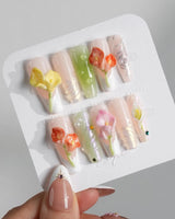 CallaLily-Dewy Vibe press-on nails in long coffin shape — Fresh Macarons, 3D Calla Lilies & Aurora Shell Textures.
