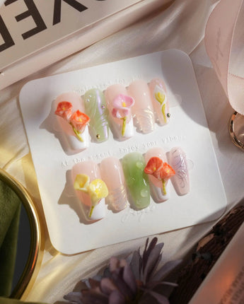 CallaLily-Dewy Vibe press-on nails in medium coffin shape — Fresh Macarons, 3D Calla Lilies & Aurora Shell Textures.