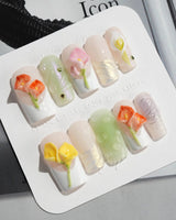 CallaLily-Dewy Vibe press-on nails in medium square shape — Fresh Macarons, 3D Calla Lilies & Aurora Shell Textures.