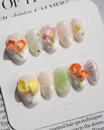 CallaLily-Dewy Vibe press-on nails in short oval shape — Fresh Macarons, 3D Calla Lilies & Aurora Shell Textures.
