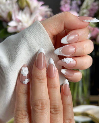 Camellia-Classy AF nail art close-up showing Nude Pink, White French Tips & 3D Camellias details