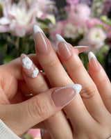 Camellia-Classy AF press-on nails — Nude Pink, White French Tips & 3D Camellias handmade nail art by Joyee Nails