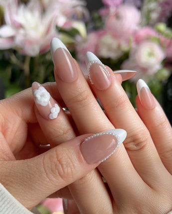 Camellia-Classy AF press-on nails — Nude Pink, White French Tips & 3D Camellias handmade nail art by Joyee Nails