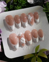 Camellia-Classy AF press-on nail set — Nude Pink, White French Tips & 3D Camellias design, hand-painted with real gel polish