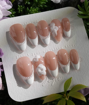 Camellia-Classy AF press-on nail set — Nude Pink, White French Tips & 3D Camellias design, hand-painted with real gel polish