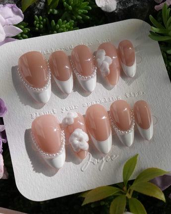Camellia-Classy AF press-on nail set — Nude Pink, White French Tips & 3D Camellias design, hand-painted with real gel polish