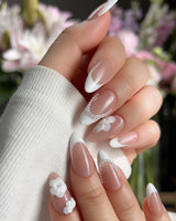 Camellia-Classy AF handmade press-on nails featuring Nude Pink, White French Tips & 3D Camellias