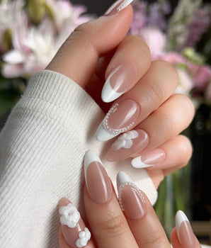 Camellia-Classy AF handmade press-on nails featuring Nude Pink, White French Tips & 3D Camellias