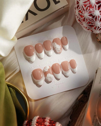 Camellia-Classy AF press-on nails in extra short almond shape — Nude Pink, White French Tips & 3D Camellias