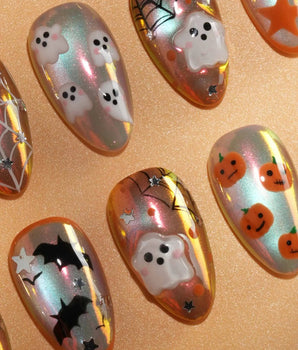 Candy Bucket press on nails with a 3D jack-o'-lantern, puffy 3D ghosts, bats and silver stars on an aurora finish with orange edges - image 2