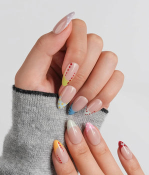 Candy Dot short almond nail set with lavender, lime, yellow, blue, pink and red tips