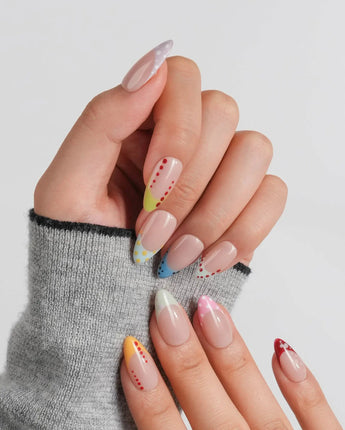 Candy Dot short almond nail set with lavender, lime, yellow, blue, pink and red tips