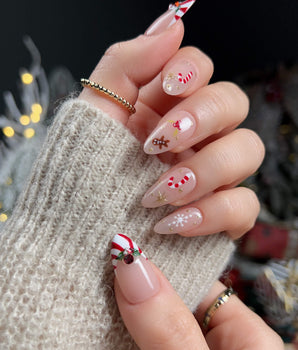 Candy Holiday press-on nail set — Festive Christmas, Candy Canes & Gingerbread Man. design, hand-painted with real gel polish