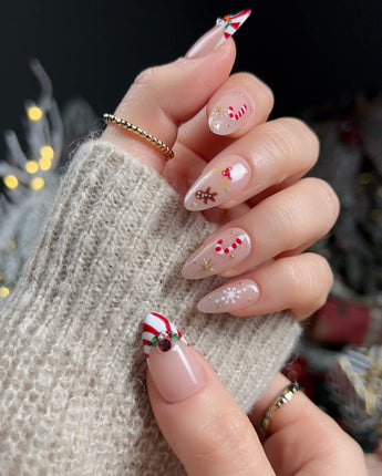Candy Holiday press-on nail set — Festive Christmas, Candy Canes & Gingerbread Man. design, hand-painted with real gel polish