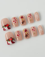 Candy Holiday press-on nails in extra short square shape — Festive Christmas, Candy Canes & Gingerbread Man.