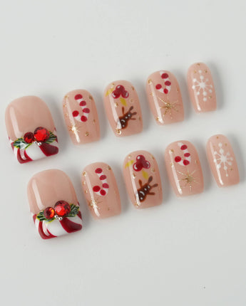Candy Holiday press-on nails in extra short square shape — Festive Christmas, Candy Canes & Gingerbread Man.