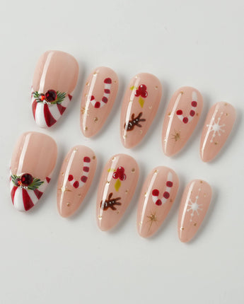 Candy Holiday press-on nails in medium almond shape — Festive Christmas, Candy Canes & Gingerbread Man.