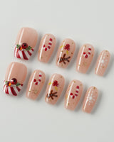 Candy Holiday press-on nails in short coffin shape — Festive Christmas, Candy Canes & Gingerbread Man.