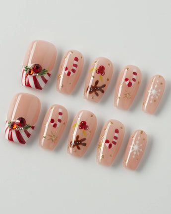 Candy Holiday press-on nails in short coffin shape — Festive Christmas, Candy Canes & Gingerbread Man.