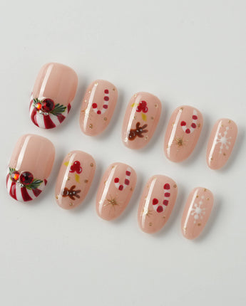 Candy Holiday press-on nails in short oval shape — Festive Christmas, Candy Canes & Gingerbread Man.