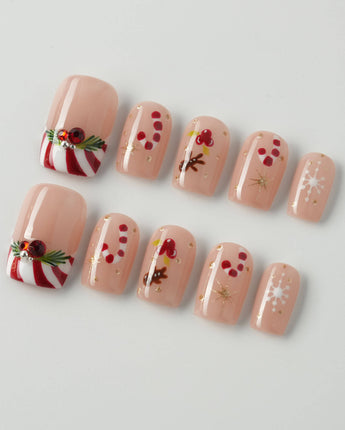 Candy Holiday press-on nails in short square shape — Festive Christmas, Candy Canes & Gingerbread Man.