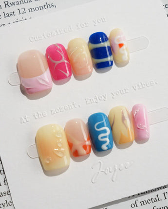 Candy Pop Colored press-on nails in extra short square shape — gradient multicolor abstract gloss nails