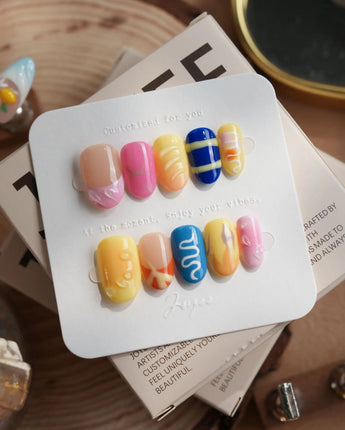 Candy Pop Colored nail art close-up showing gradient multicolor abstract gloss nails details