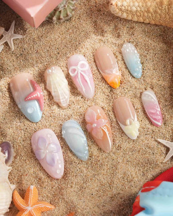 Candy Shore handmade press-on nails featuring Soft Pastel Ocean Style, 3D Starfish, Shells & Florals