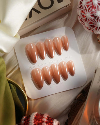 Caramel Chrome press-on nails with glossy caramel tips and neutral brown gradient