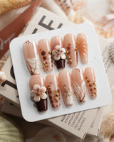Caramel Cream in long coffin shape with caramel brown 3D flowers and glossy finish