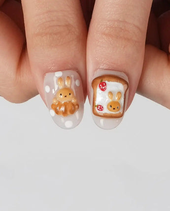 Caramel Miffy cozy cafe nail set with golden brown sugar and star sprinkles